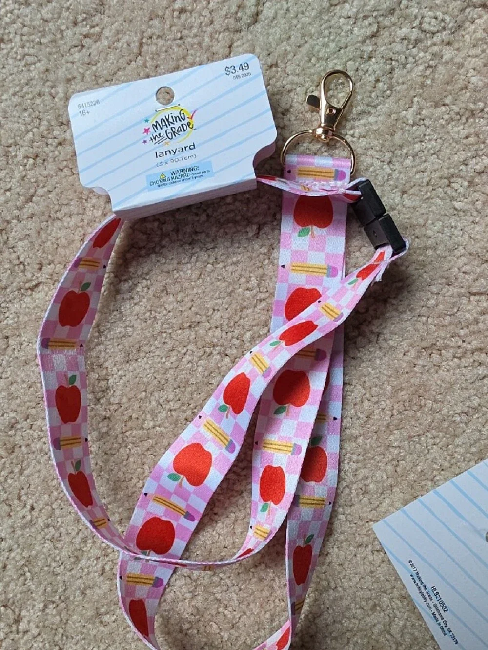 Hobby Lobby Pink Apple Print Lanyard with School Bus Brooch